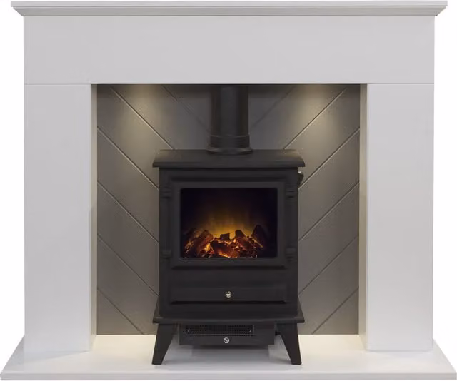 Adam Fires & Fireplaces Adam Corinth Stove Fireplace in White and Grey with Hudson Electric Stove in Black, Width: 121.92 cm – 1