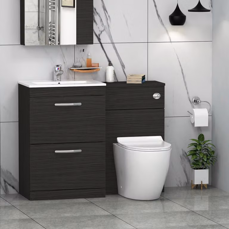 Royal Bathrooms Turin Minimalist Black Floor Standing Bathroom Furniture Pack with 2-Drawer Vanity Unit and Slim Elva Toilet