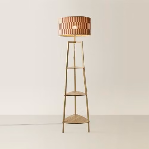 ValueLights Hiri Shelf Tripod Floor Lamp with Orange Checkerboard Bamboo Shade