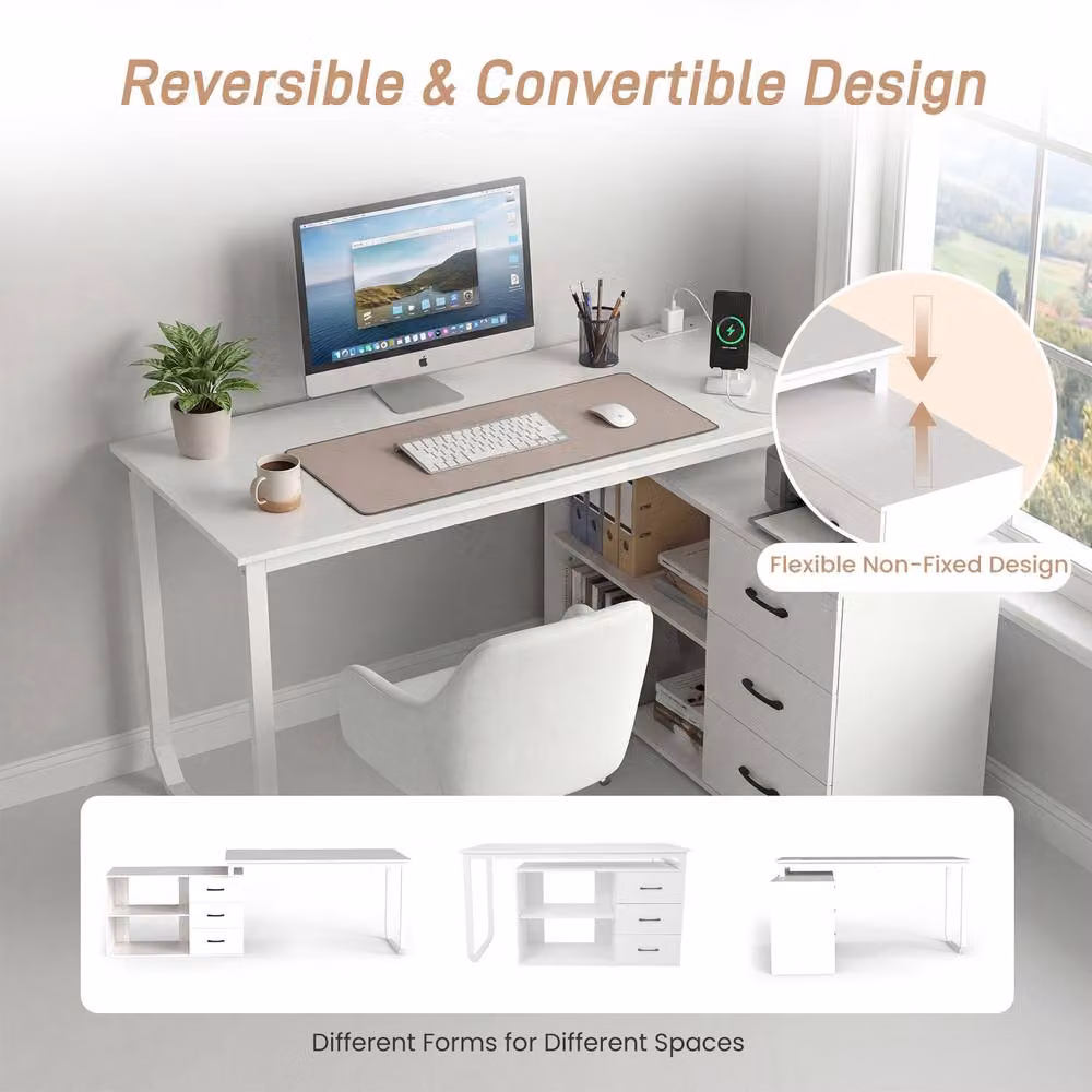 Costway Reversible L Shaped Corner Desk with Power Outlet in White – 3
