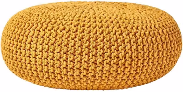 Homescapes Round Cotton Knitted Pouffe in Yellow, Diameter: 70 cm