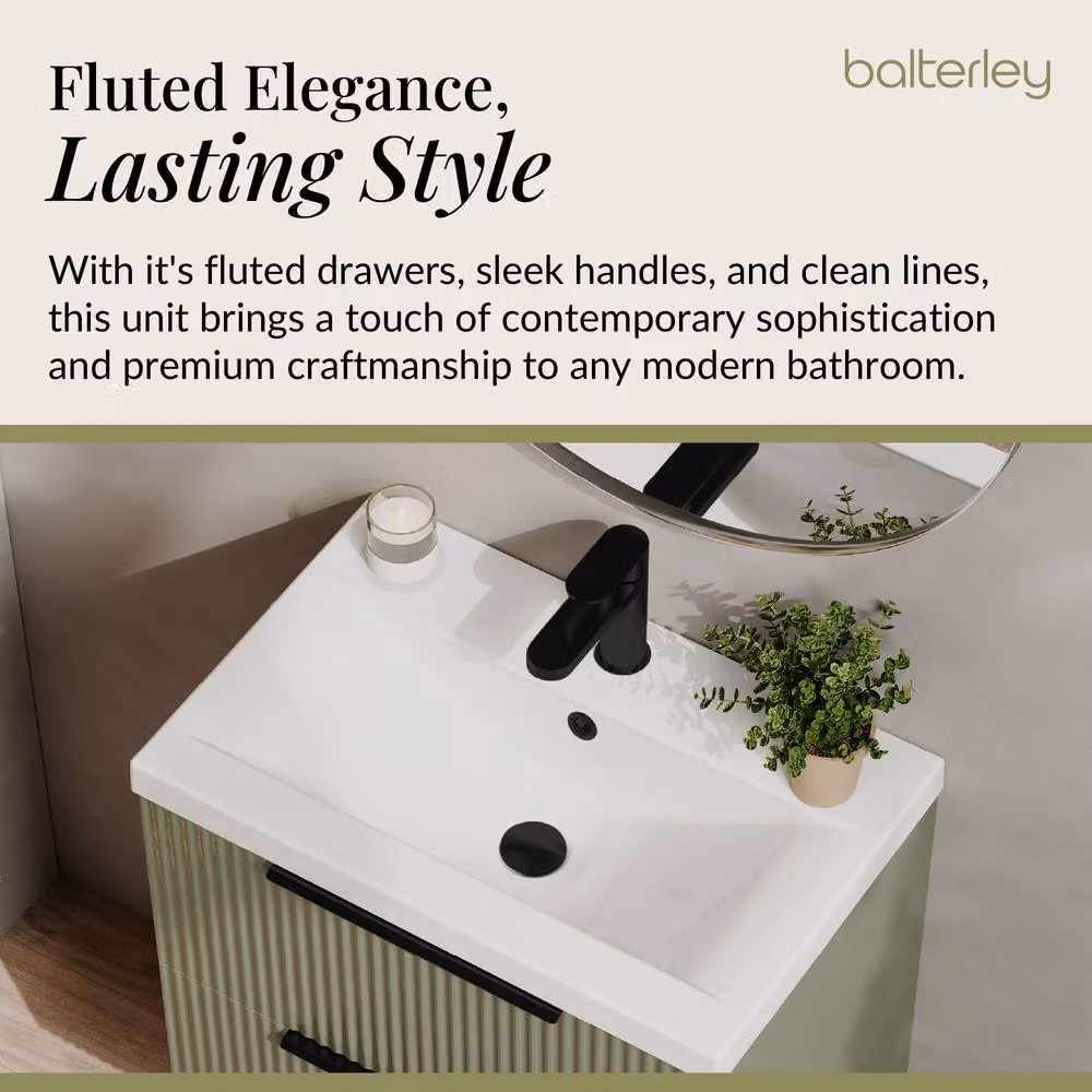 Balterley Fluted Front Wall Hung 2 Drawer Vanity Basin Unit, Satin Green, W: 60 cm, D: 54 cm, H: 60 cm – 2