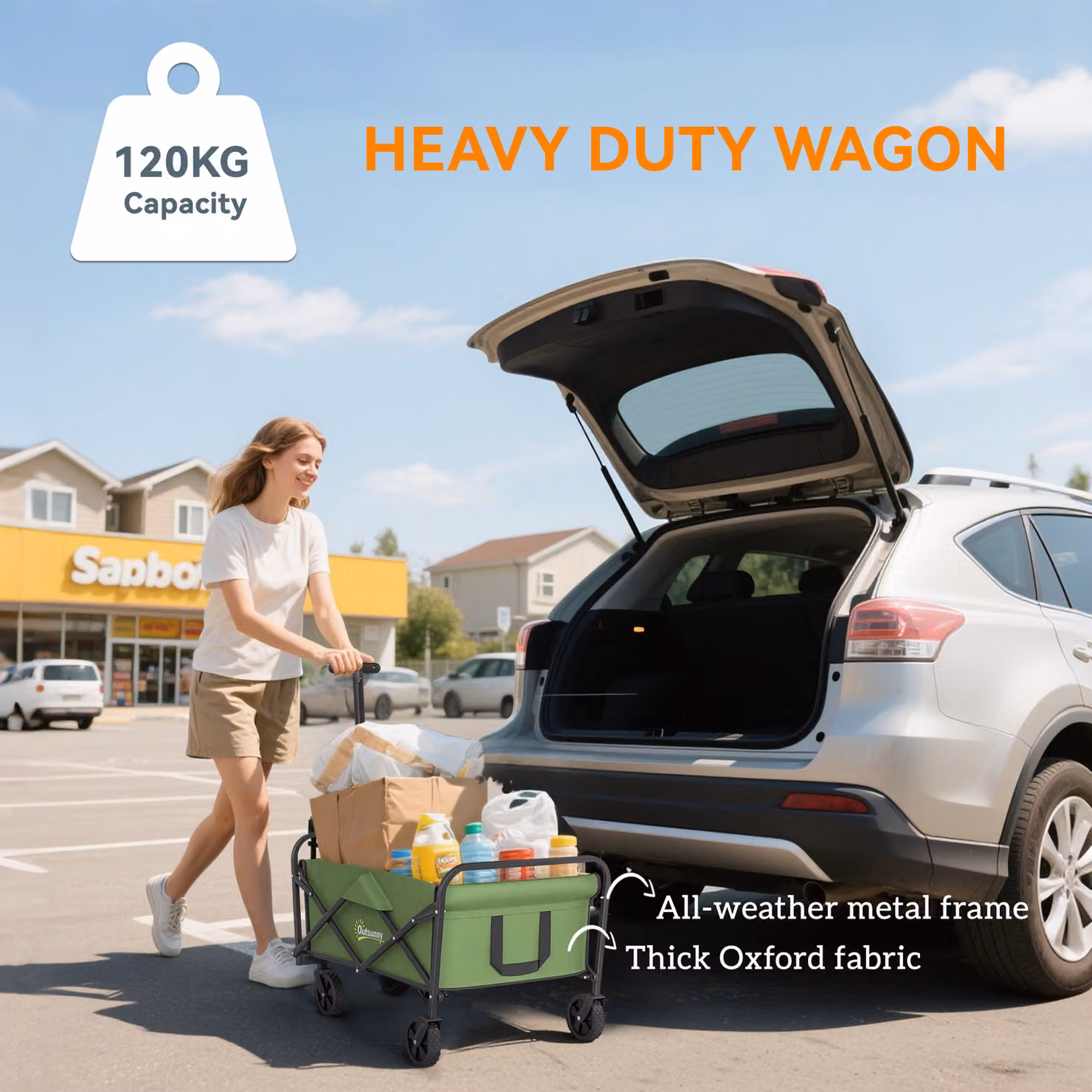 Outsunny Green Heavy Duty Festival Trolley with Wheels and Adjustable Handle, 62L Collapsible Folding Garden Wagon with Carrying Bag – 3
