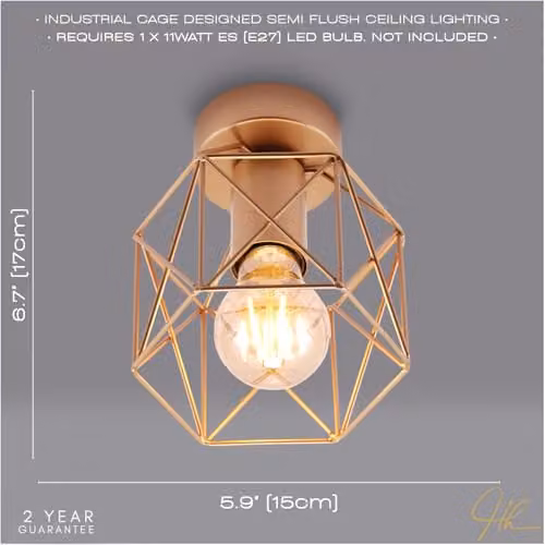 Happy Homewares Vintage Industrial Gold Ceiling Lighting Fitting with Wire Cage Design, W/D/H: 17 x 15 x 15 cm – 2