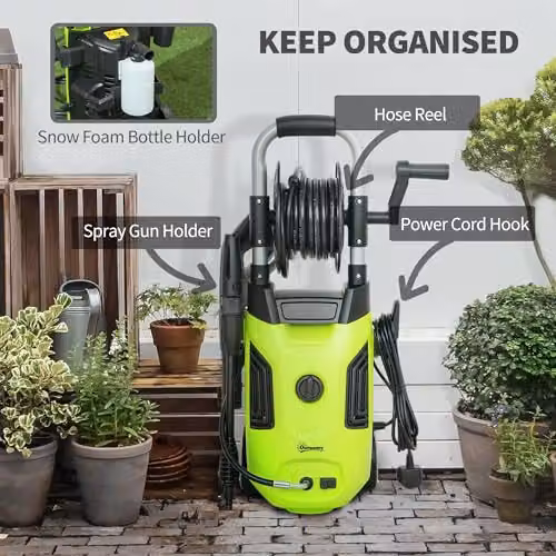 Outsunny 1800W High Pressure Washer with 150 Bar Pressure, 420 L/h Flow Rate, 6m Hose and Hose Reel in Green – 5