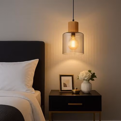 Netlighting Aleidis Industrial Pendant Light with Smoky Glass Shade and Wood and Metal Details, Black and Brown, Height: 120 cm – 4