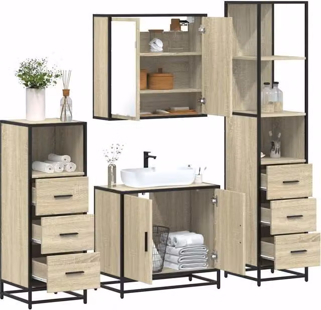 Berkfield Home 4-Piece Brown Sonoma Oak Bathroom Furniture Set with Vanity Unit and Mirror Cabinet