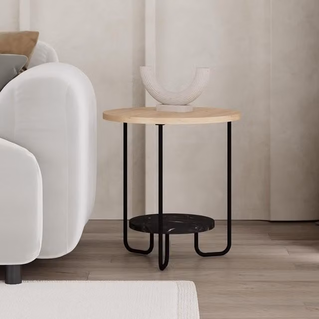 FWStyle 2 Tier Round Side End Table in Black Marble and Oak Finish