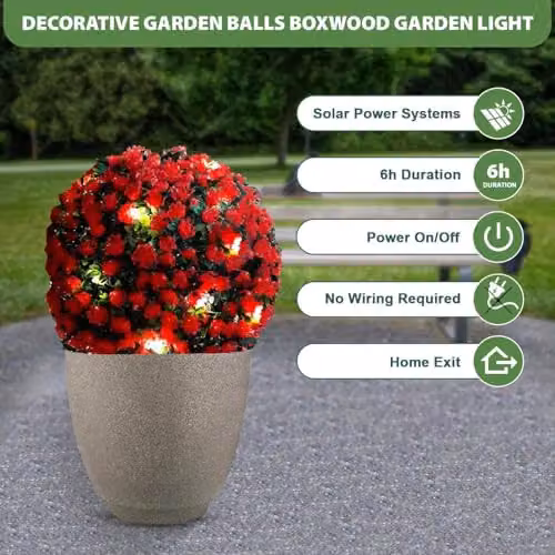 MantraRaj Solar Powered Topiary Ball with 20 LED Flower Lights, Red, Diameter: 28 cm – 4