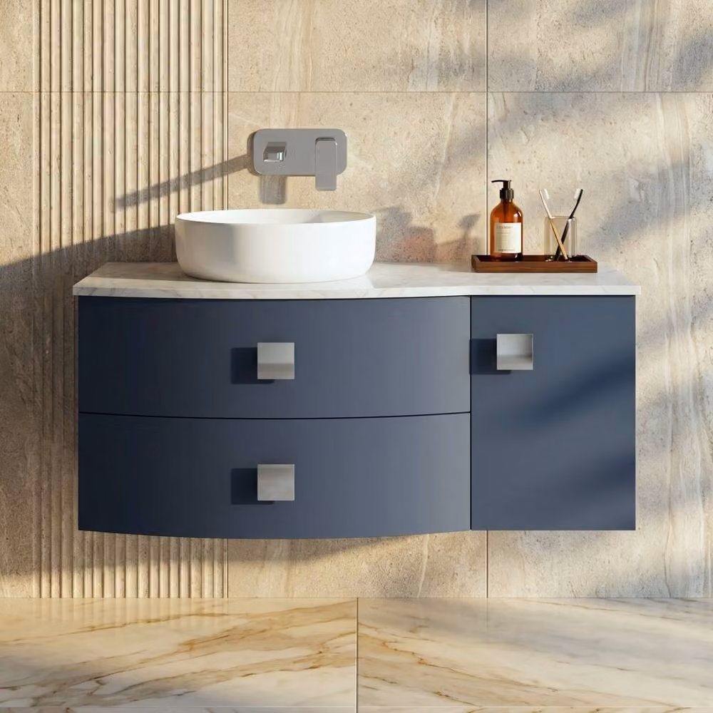 Balterley Mineral Blue Wall Mounted Bathroom Vanity Unit with Stone Worktop, Single Door and 2 Soft Close Drawers, W: 101.2 cm, D: 50.4 cm, H: 44.6 cm – 3