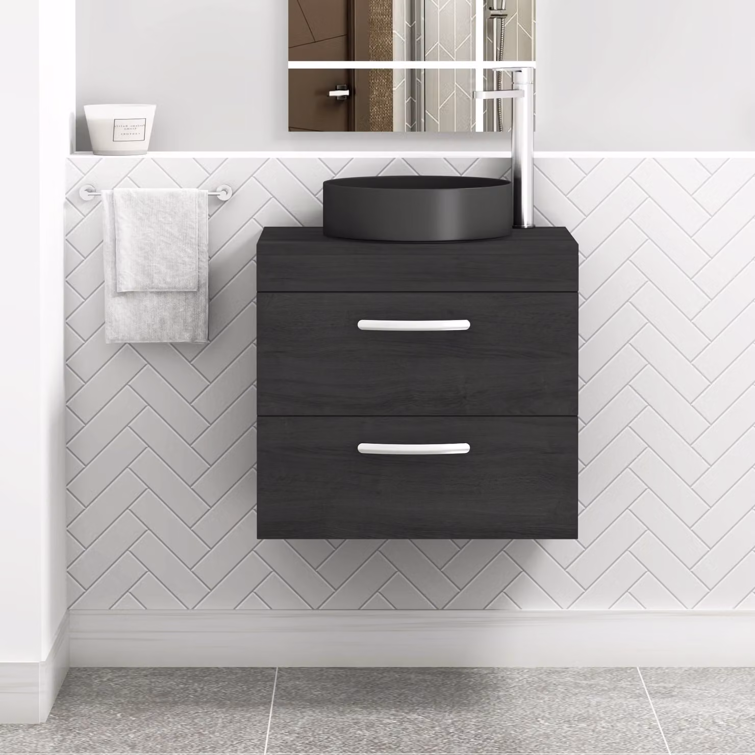 Royal Bathrooms Hale 600mm Wall Hung 2 Drawer Vanity Unit in Matt Black with Art Round Ceramic Countertop Basin