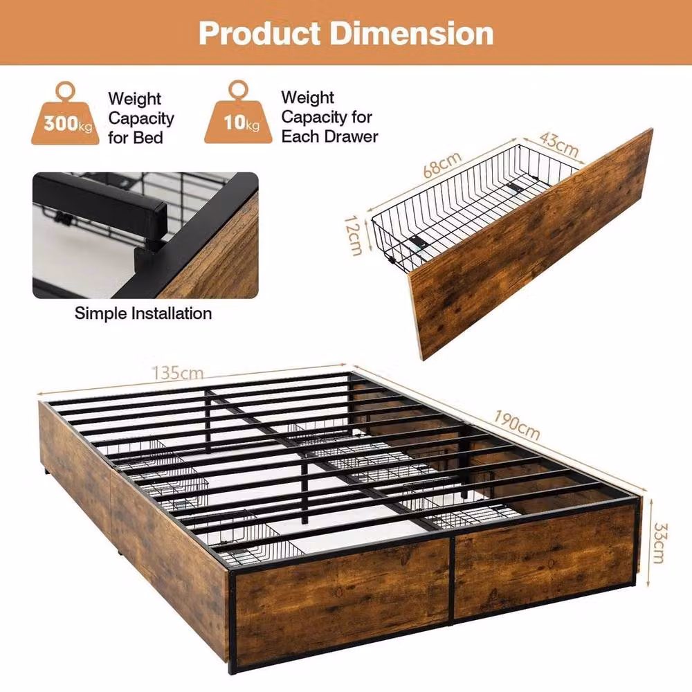 Kelvenix Single Iron Bed Base with 4 Underbed Storage Drawers in Brown – 2