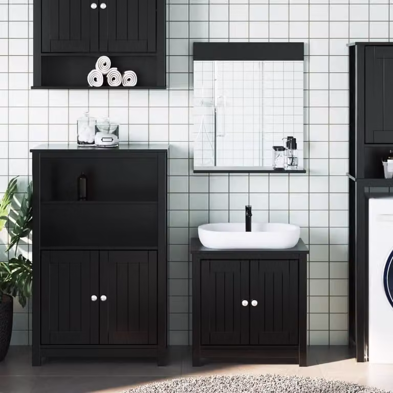 Berkfield Home Beautiful 3 Piece Black Solid Pine Wood Bathroom Furniture Set including Vanity Unit, Tall Cabinet and Mirror Cabinet