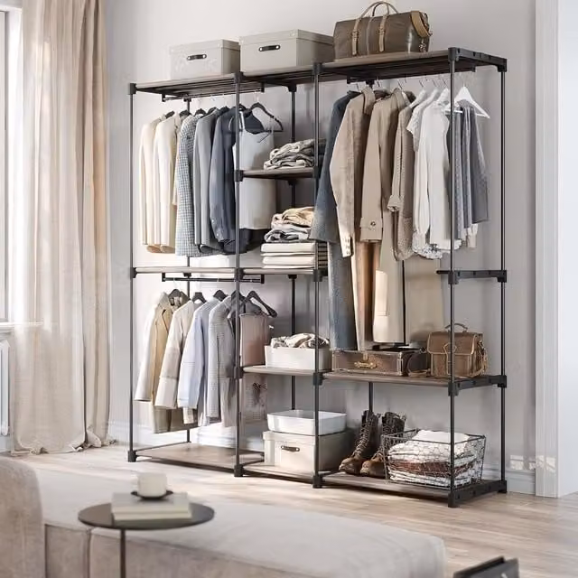 SONGMICS Freestanding Open Clothes Rack with Rails and Fabric Shelves in Beige