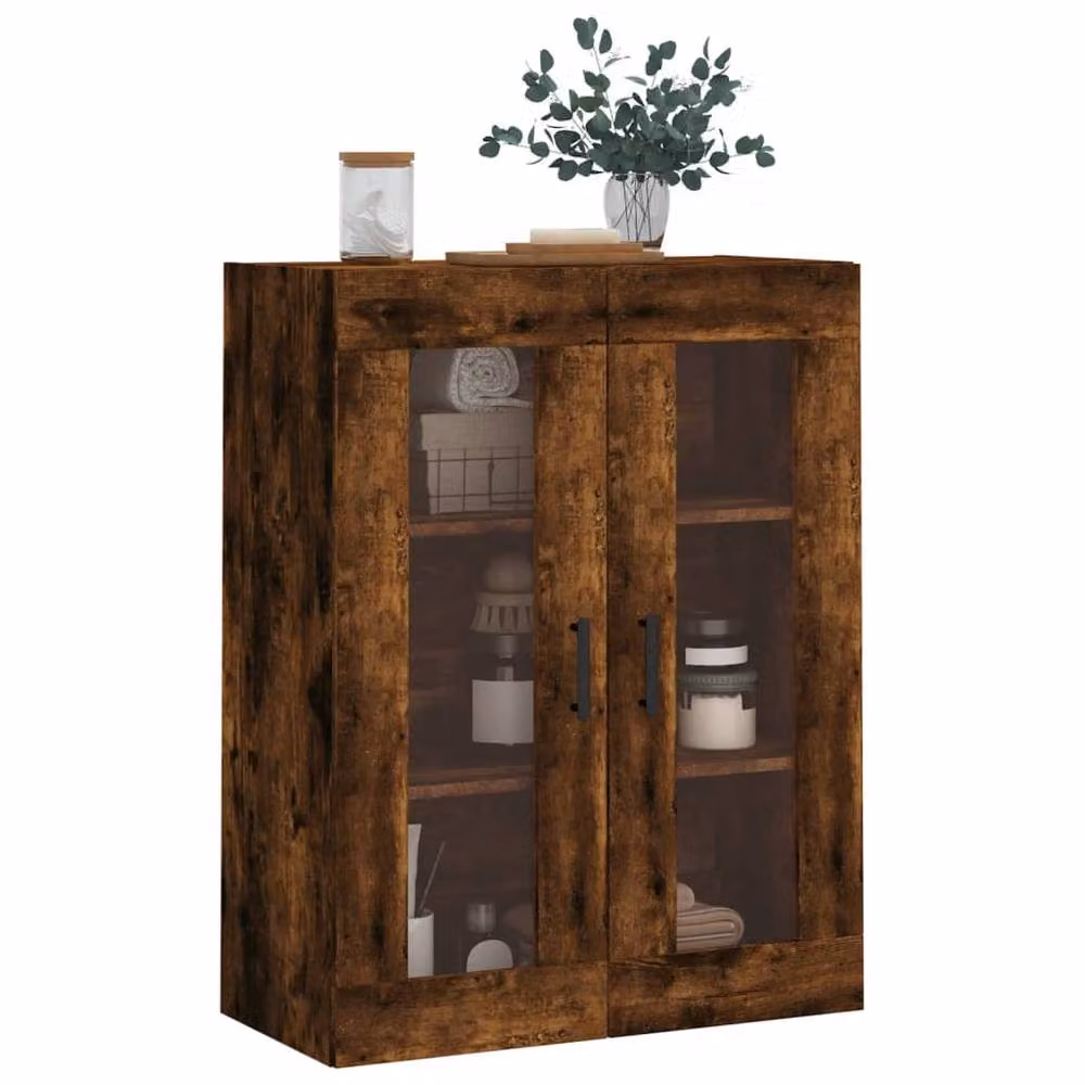 Berkfield Home Wall Mounted Smoked Oak Cabinet with Glass Doors in Brown, W/D/H: 69.5 x 34 x 90 cm – 4