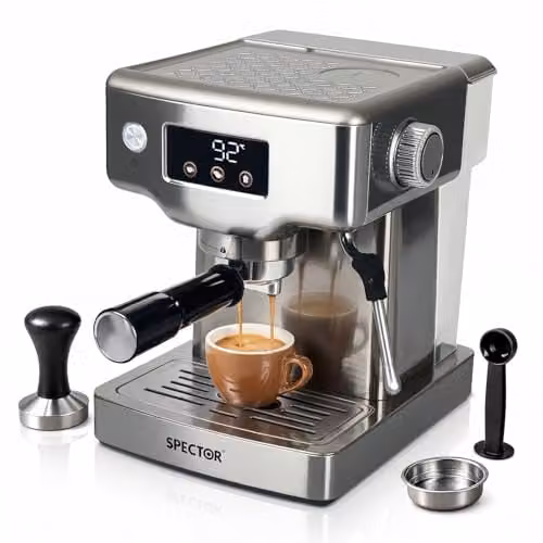 Spector Ultra Espresso Machine in Silver with LCD Touch Display, 20 Bar Pressure, Milk Frother and Removable Water Tank