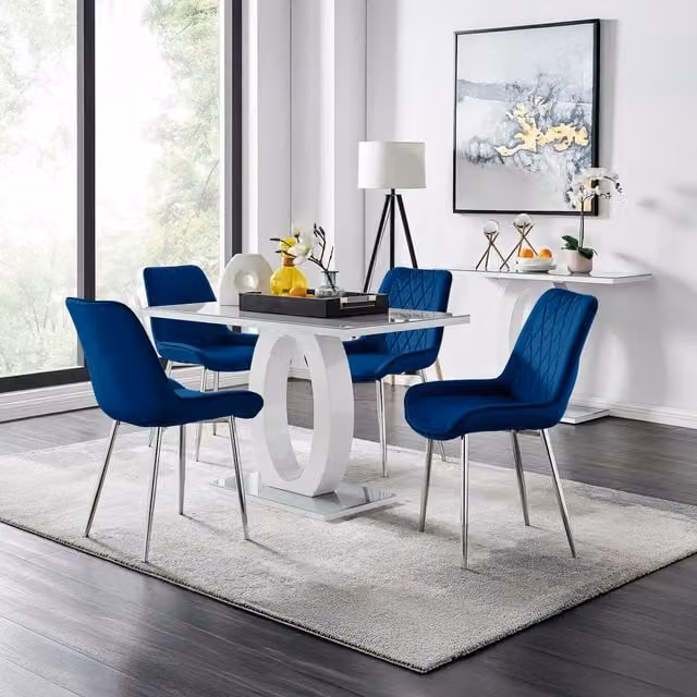 FurnitureboxUK Giovani Grey Glass Dining Table and 4 Blue Upholstered Chairs with Silver Legs