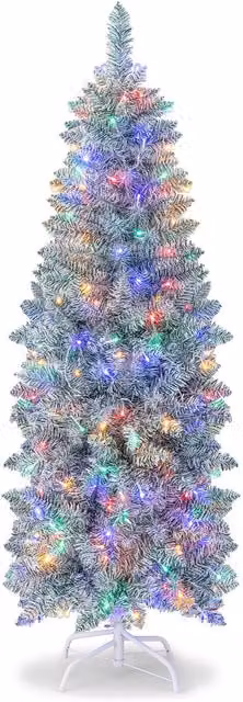 Gymax 5ft Slim Pre-Lit Artificial Christmas Tree with 343 Tips and 190 Colourful LED Lights in Green