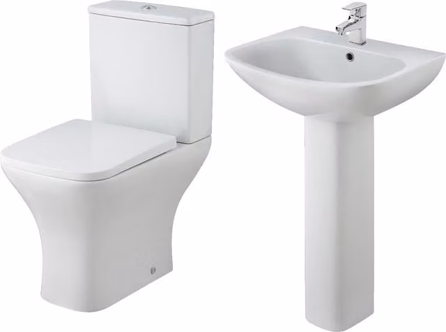 Balterley Faron White Ceramic Toilet and Basin Bundle with Rimless Pan, Cistern, Seat and Pedestal – 1
