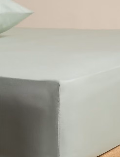 M&S Egyptian Cotton 400 Thread Count Percale Deep Fitted Sheet, Green, W: 90 cm x L: 190 cm