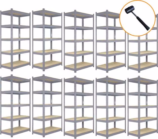 Set of 10 Q-Rax Grey Metal and MDF Freestanding Racking Units with Adjustable Shelves, W/D/H: 90 x 50 x 182.5 cm