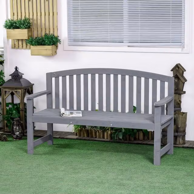 Outsunny 2 Seater Grey Wooden Garden Bench with Armrests