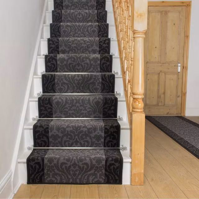 runrug Baroque Stair Runner Carpet in Black, W: 80 cm, L: 660 cm