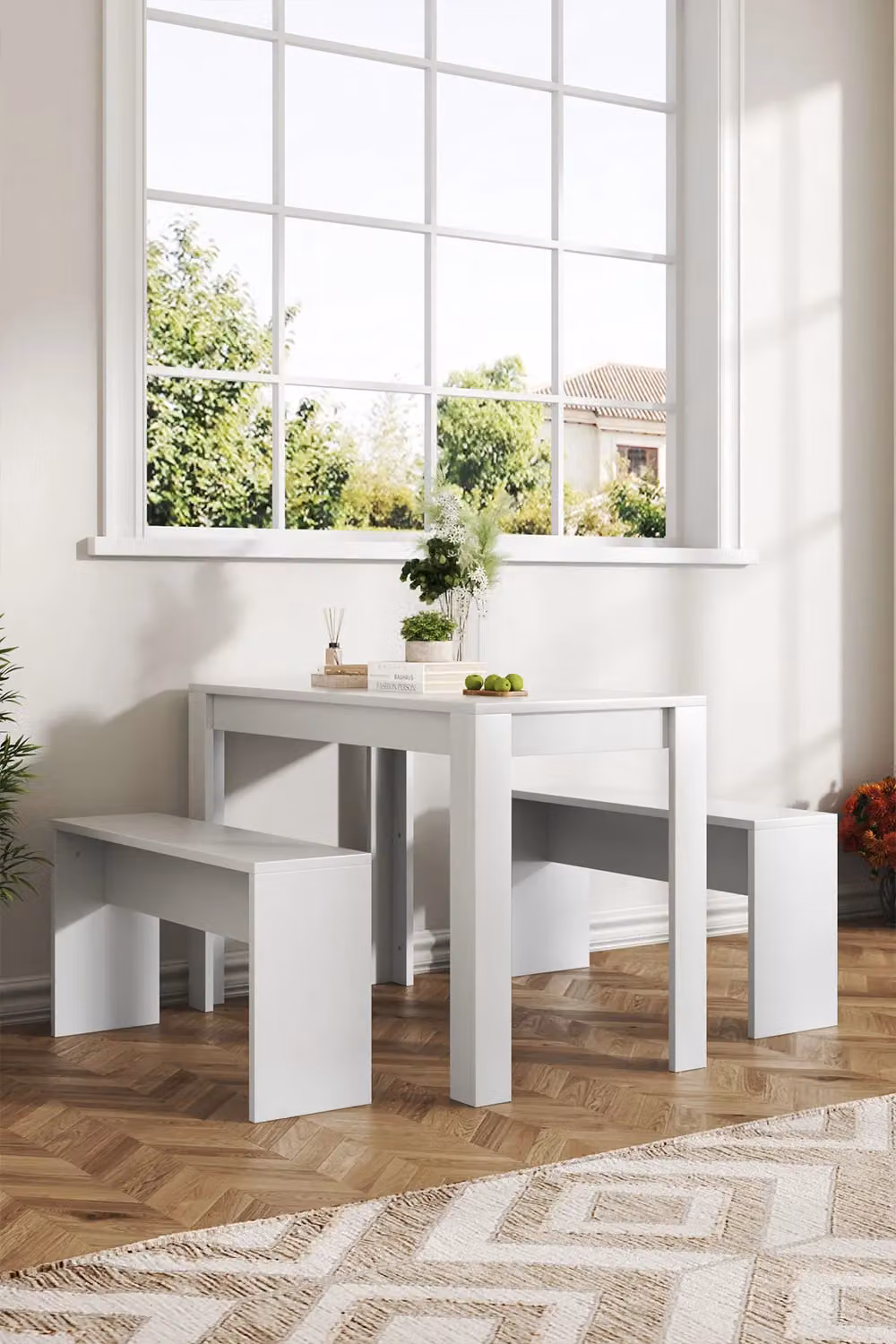 Living and Home Modern White 3-Piece Dining Set with Table and Benches – 3