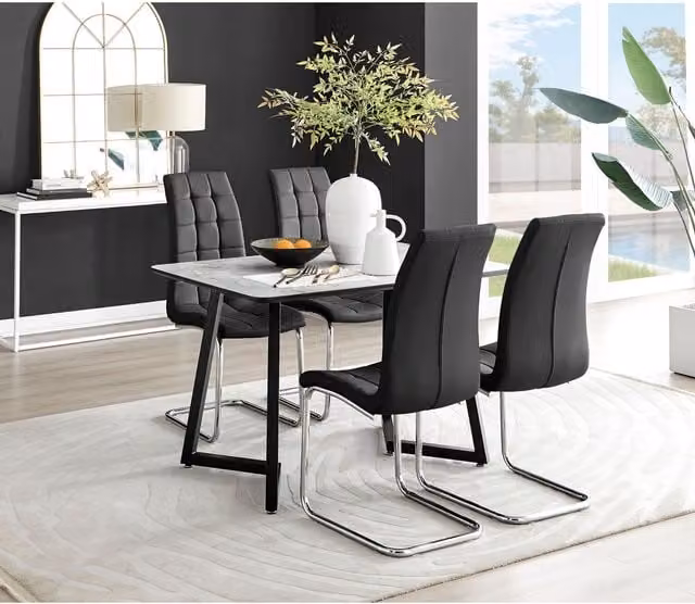 FurnitureboxUK Carson White Marble Effect Dining Table and 4 Murano Chairs in Black