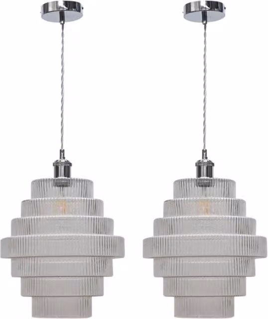 First Choice Lighting Benson Set of 2 7-Tier Glass and Chrome Ceiling Pendant Lights, Transparent/Chrome, H 110 cm x W 29.5 cm x D 29.5 cm