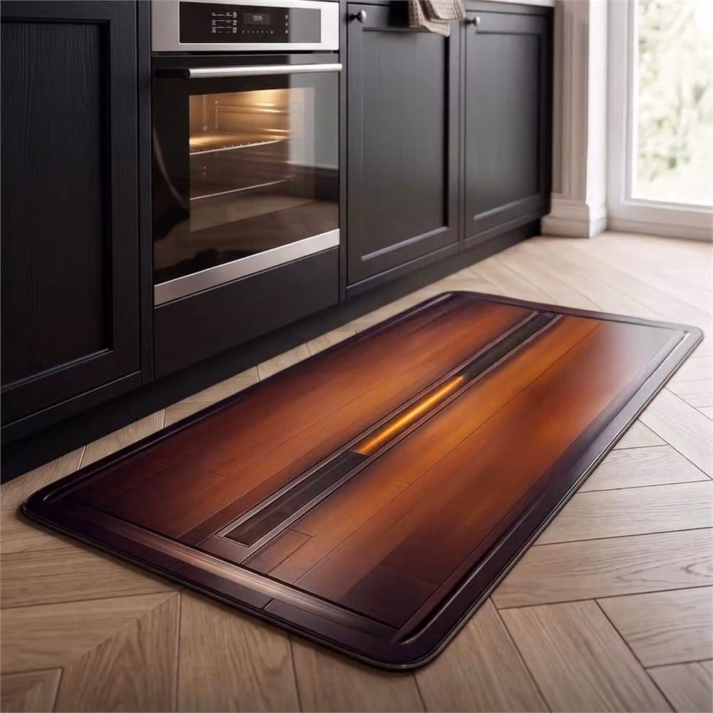 FLAVORA Non-Slip Cushioned Round Floor Mat in Brown Wood Grain, Diameter: 100 cm – 4