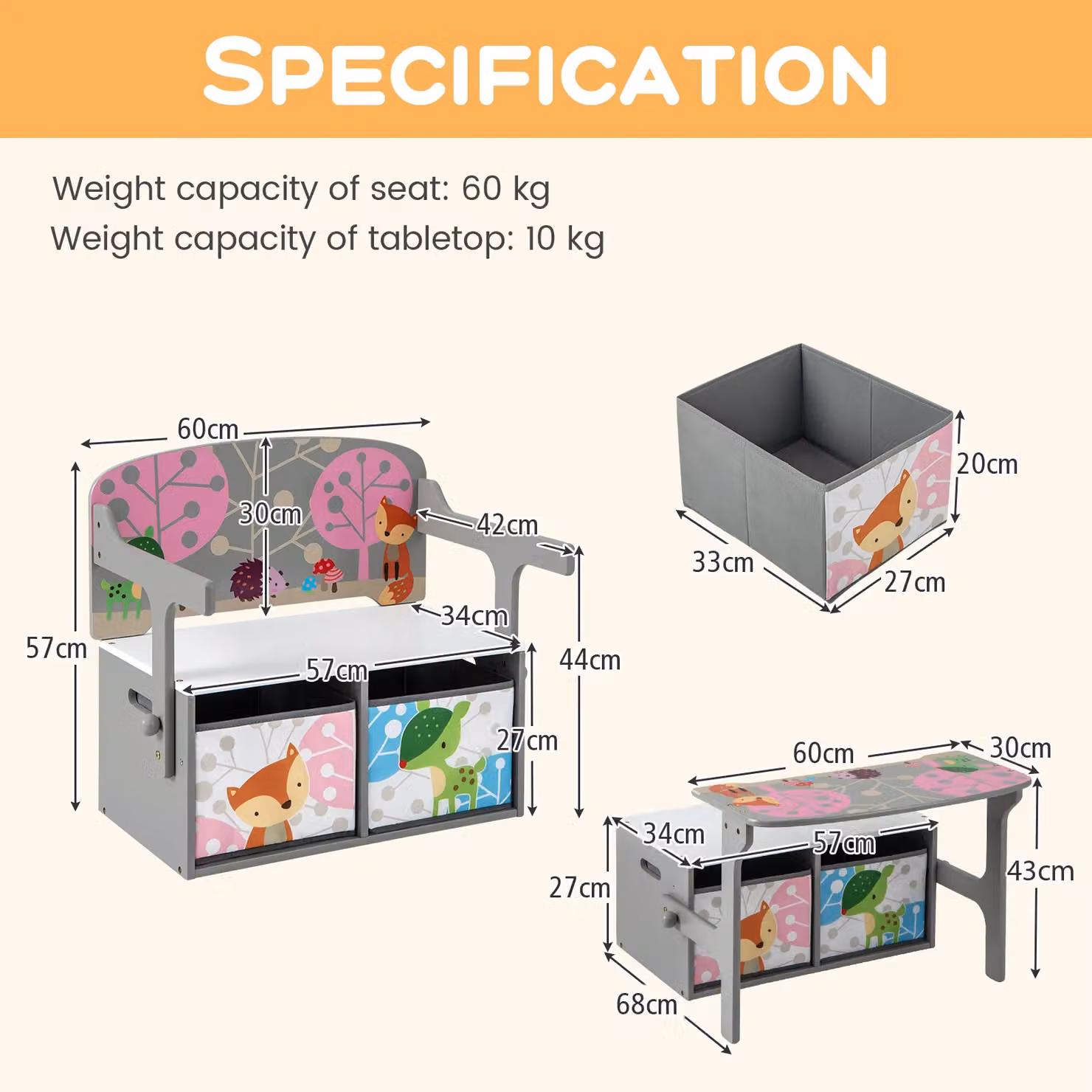 Costway 3-in-1 Convertible Activity Bench Table and Chair Set with Toy Storage in Grey – 3