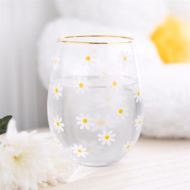 KDMK Floral Stemless Wine Glass, White, Gold and Transparent, 500 ml