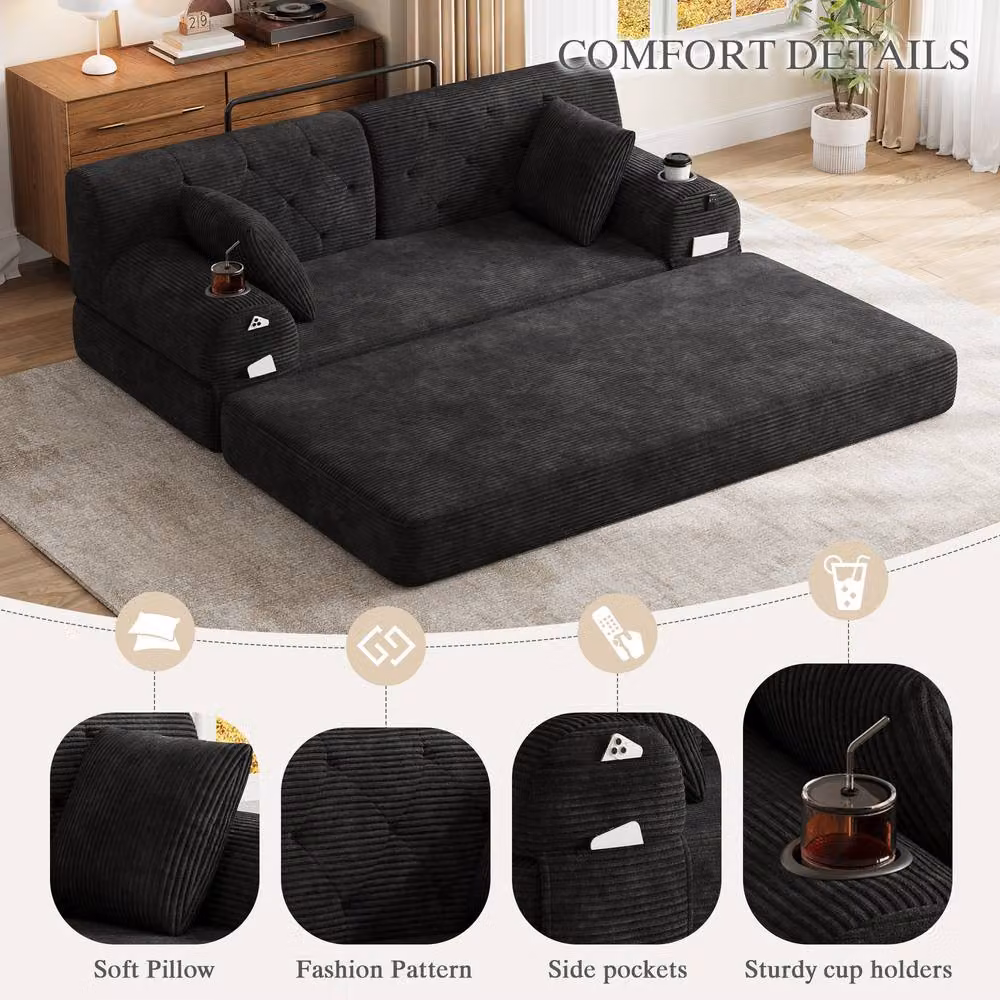Matteo 2-Seater Corduroy Sleeper Sofa in Black with Cup Holders and Metal Frame – 4