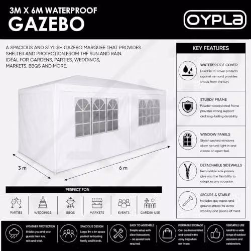 Oypla White Waterproof Steel Garden Gazebo Marquee with Window, W: 300 cm, D: 300 cm, H: 24.3 cm – 4
