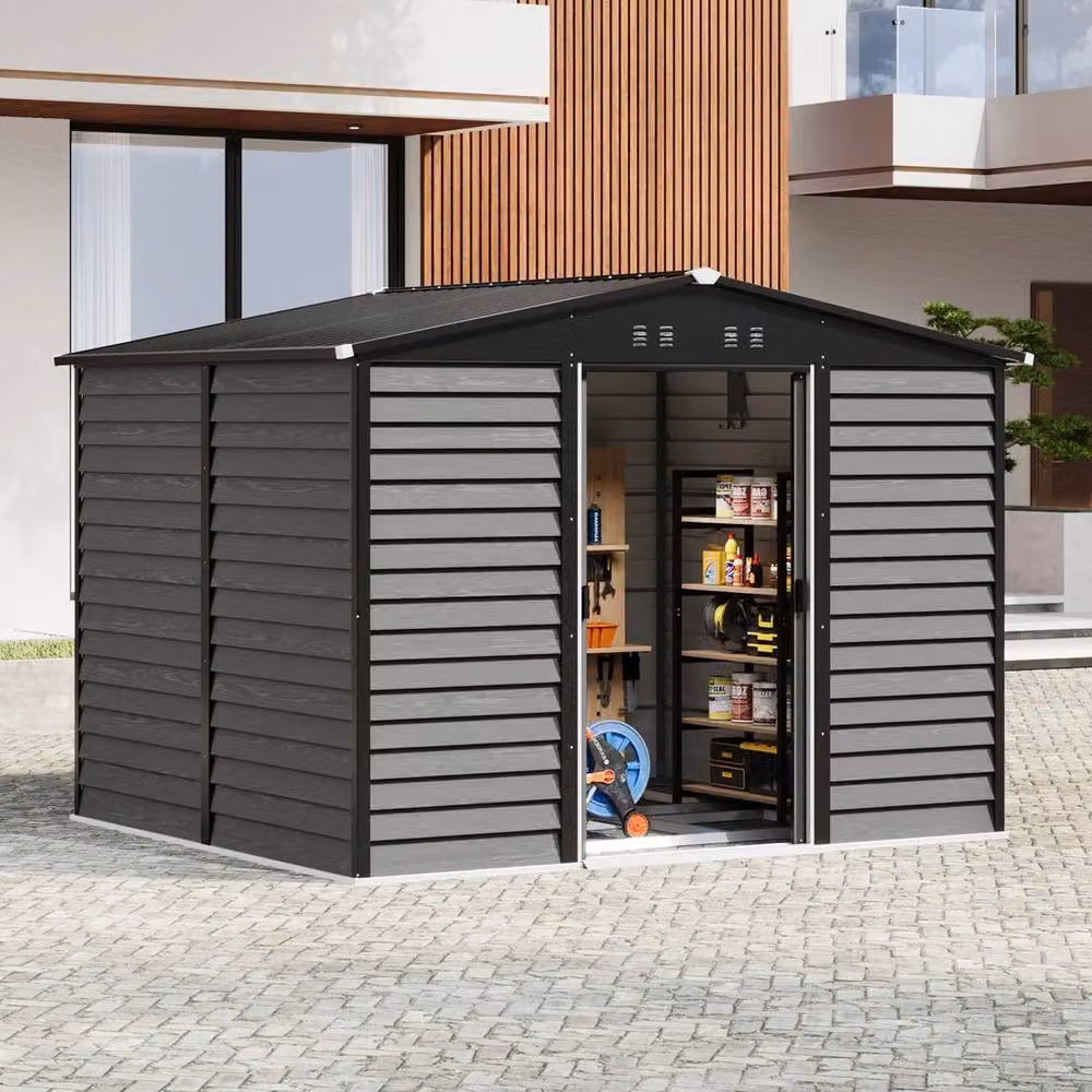 FORGEVIO Metal Garden Shed in Grey with Gable Roof for Outdoor Tool Storage, W/D/H: 304.8 x 260 x 220 cm – 4