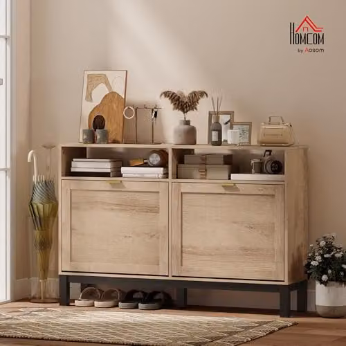 HOMCOM Modern Narrow Shoe Cabinet with Tilting Compartments and Open Shelf, Brown and Black, W/D/H: 120 x 29 x 80 cm – 2