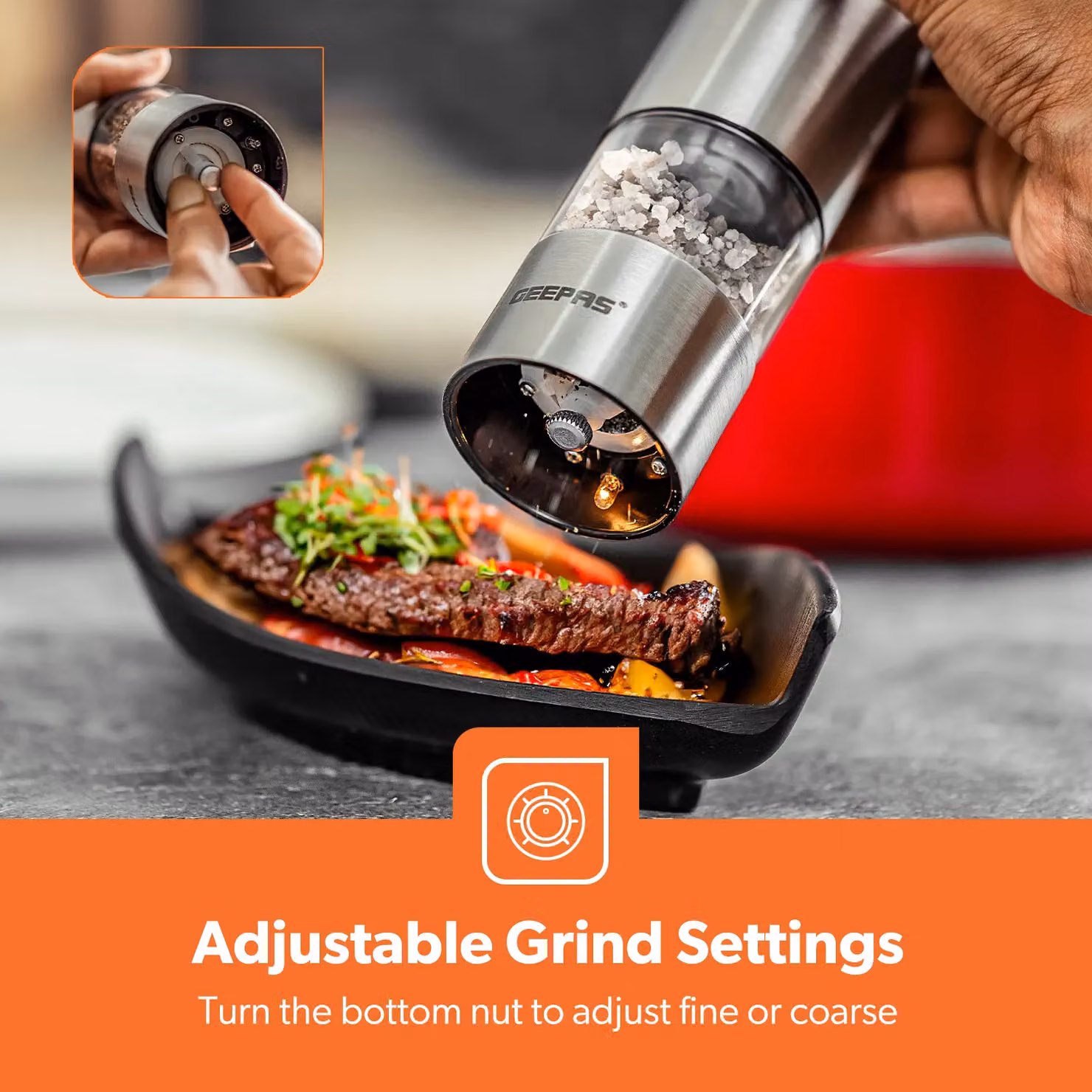 Geepas Battery Powered Stainless Steel Salt and Pepper Mill Set with Adjustable Coarseness in Silver – 3