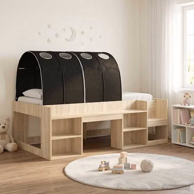 Berkfield Home 3-Piece Bed Frame with House Frame and Bedside Shelves in Sonoma Oak and Black – 1
