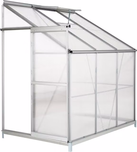 Tectake Lean-To Style Pent Greenhouse with Foundation, Aluminium Frame and Transparent Polycarbonate Panels, Wall-Mounted