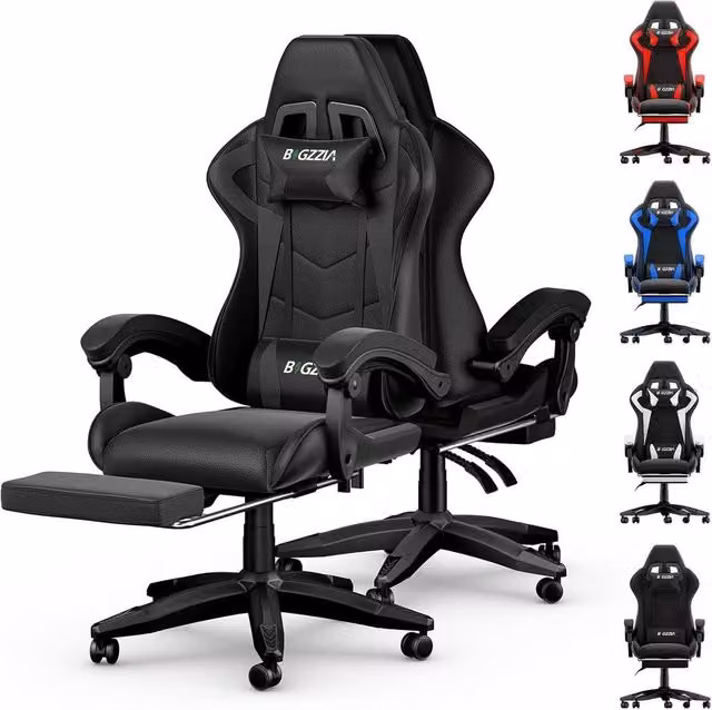 Gartistgo Ergonomic Gaming Chair in Black PU Leather with Footrest, Headrest and Armrests – 1