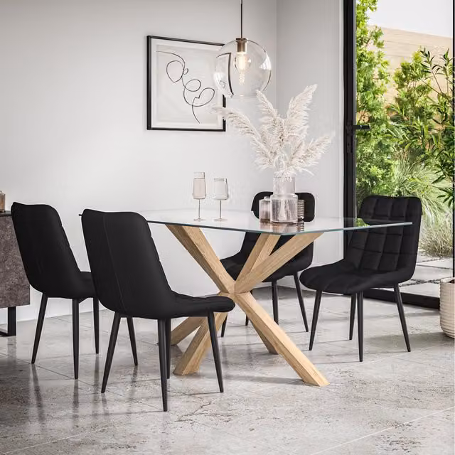 More4Homes Etta Glass Dining Table Set with Solid Oak Legs and 6 Black Nova Faux Leather Chairs