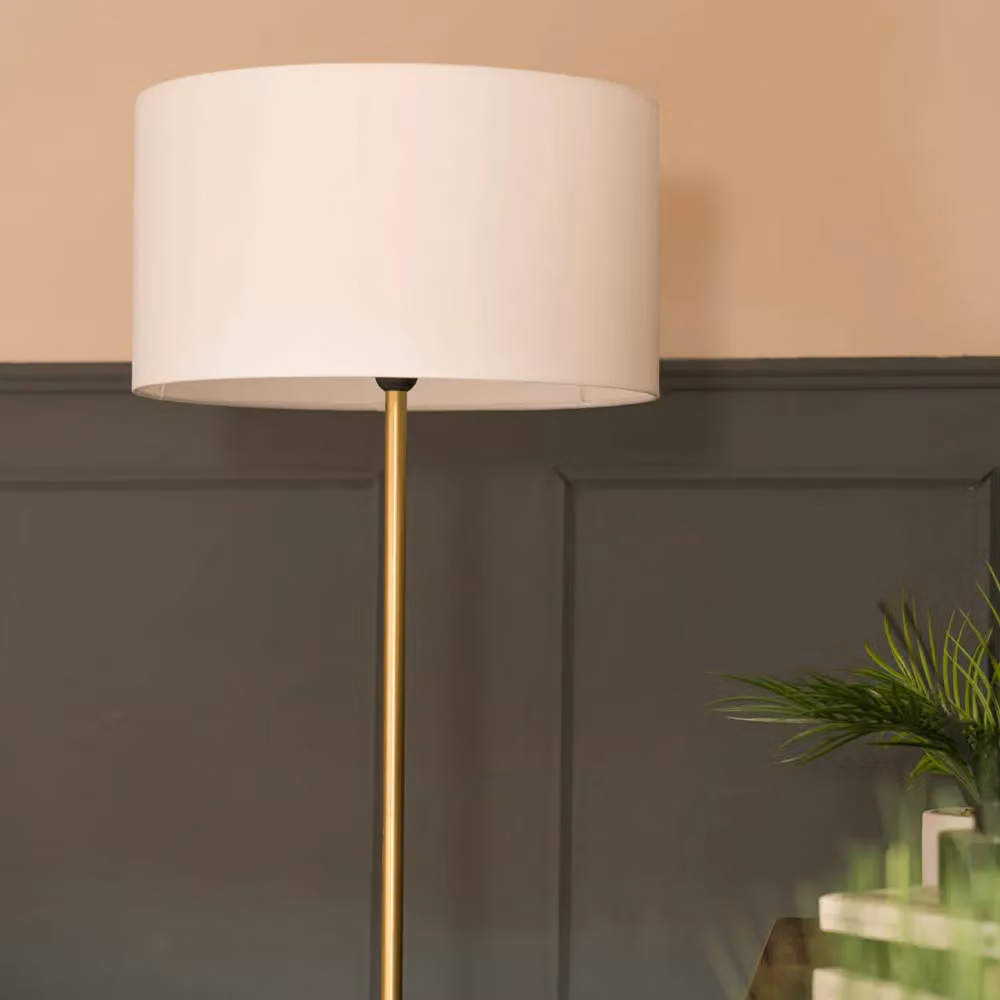 ValueLights Brushed Gold Floor Lamp with Brown Marble Base and Large White Fabric Shade – 4