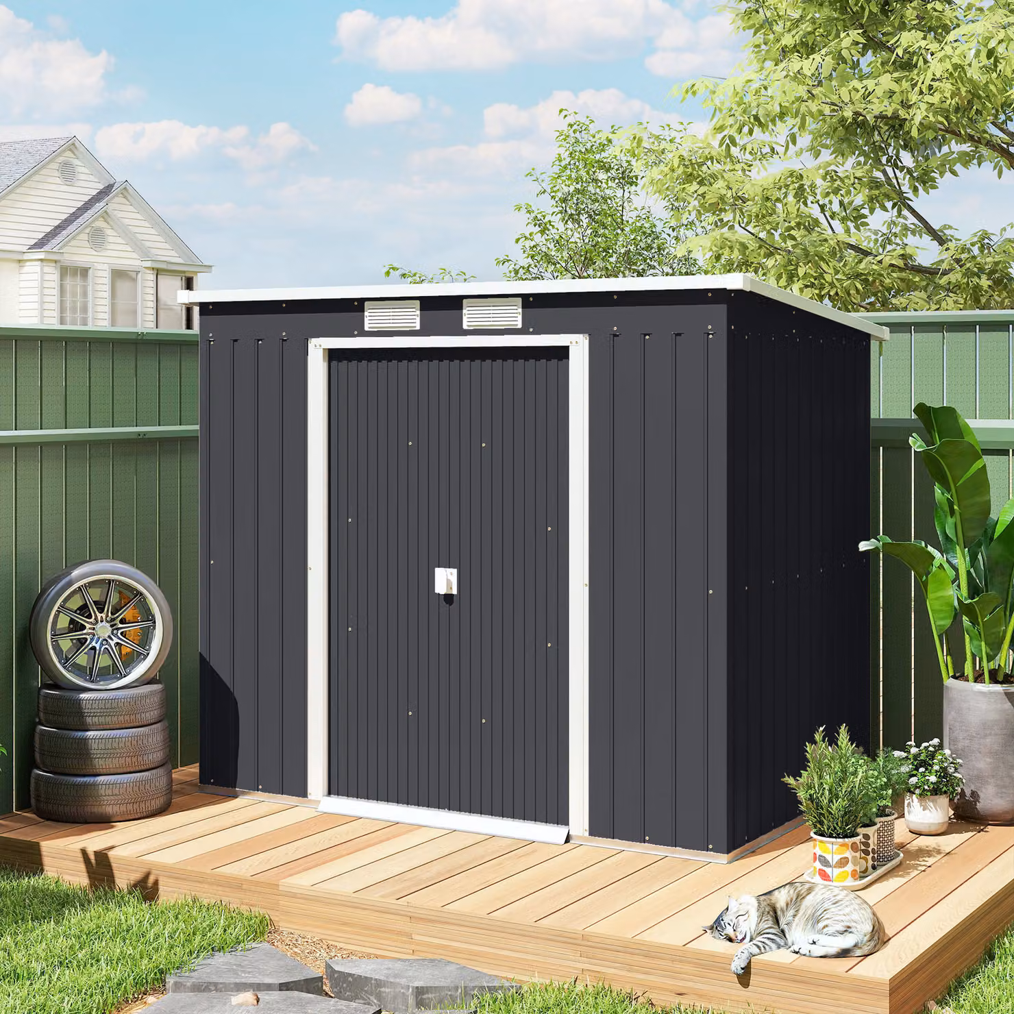 Outsunny Steel Garden Shed with Foundation Kit, Lockable Double Doors and Pent Roof, Dark Grey, W/D/H: 130 x 213 x 173 cm – 8