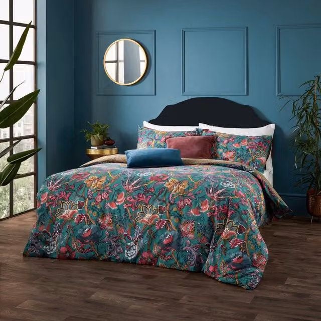 Viranai Exotic Floral Reversible Cotton Duvet Cover Set in Blue and Multicolour, W: 140 cm, L: 200 cm