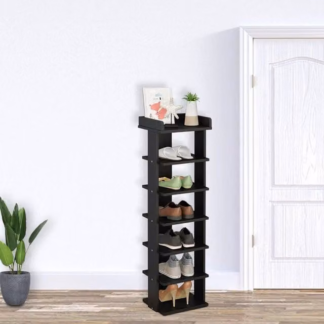 KORVIXA 7 Tier Corner Wooden Shoe Rack Storage Shelf in Black, W/D/H: 100 x 100 x 100 cm