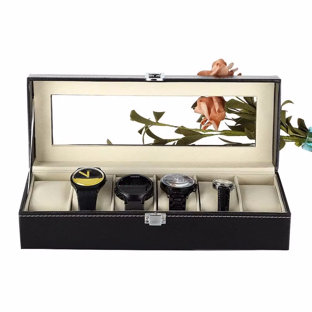 NESTLUNE 6 Grid PU Leather Watch Box Display Case in Black – 2