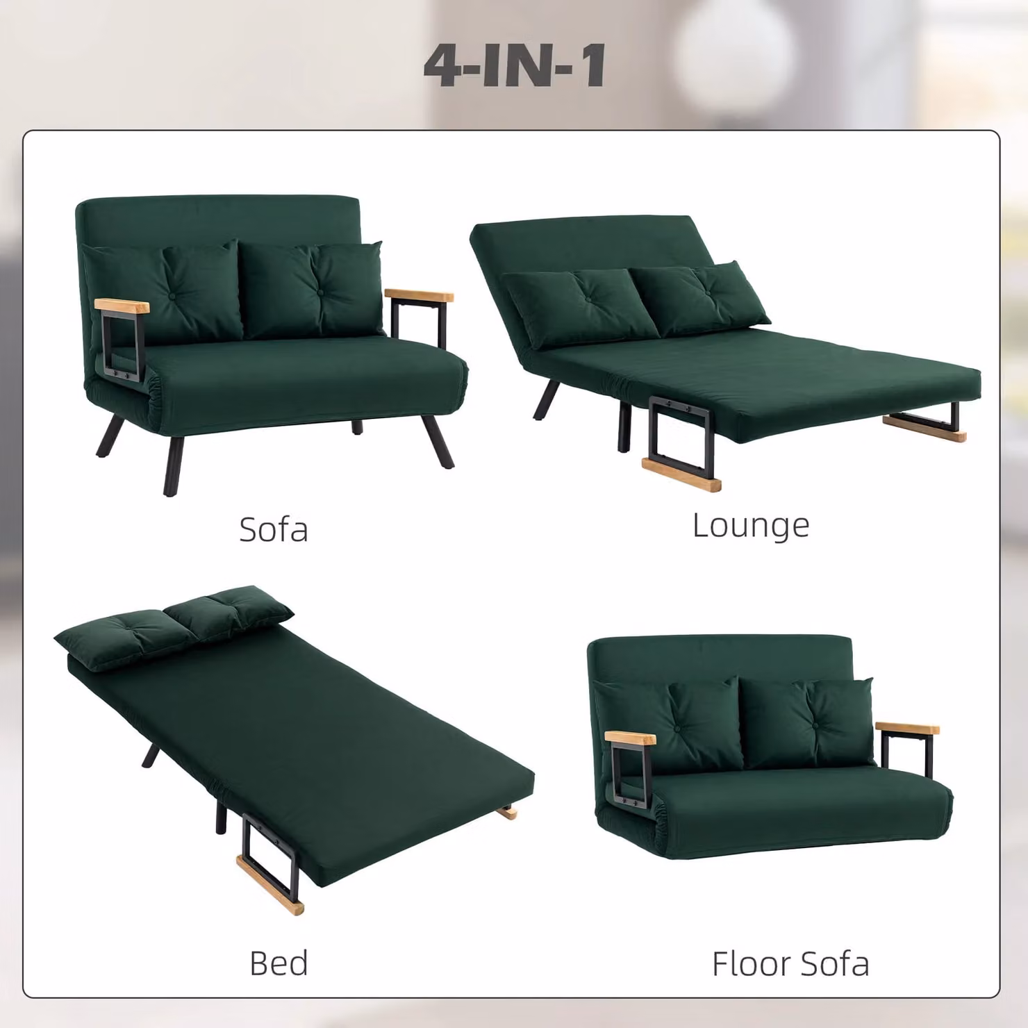 HOMCOM Green Velvet 2 Seater Click Clack Sofa Bed with Metal Frame and Scatter Cushions – 4