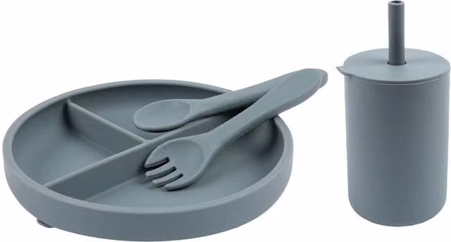 Tiny Dining 4-Piece Silicone Baby Suction Feeding Set in Blue and Grey