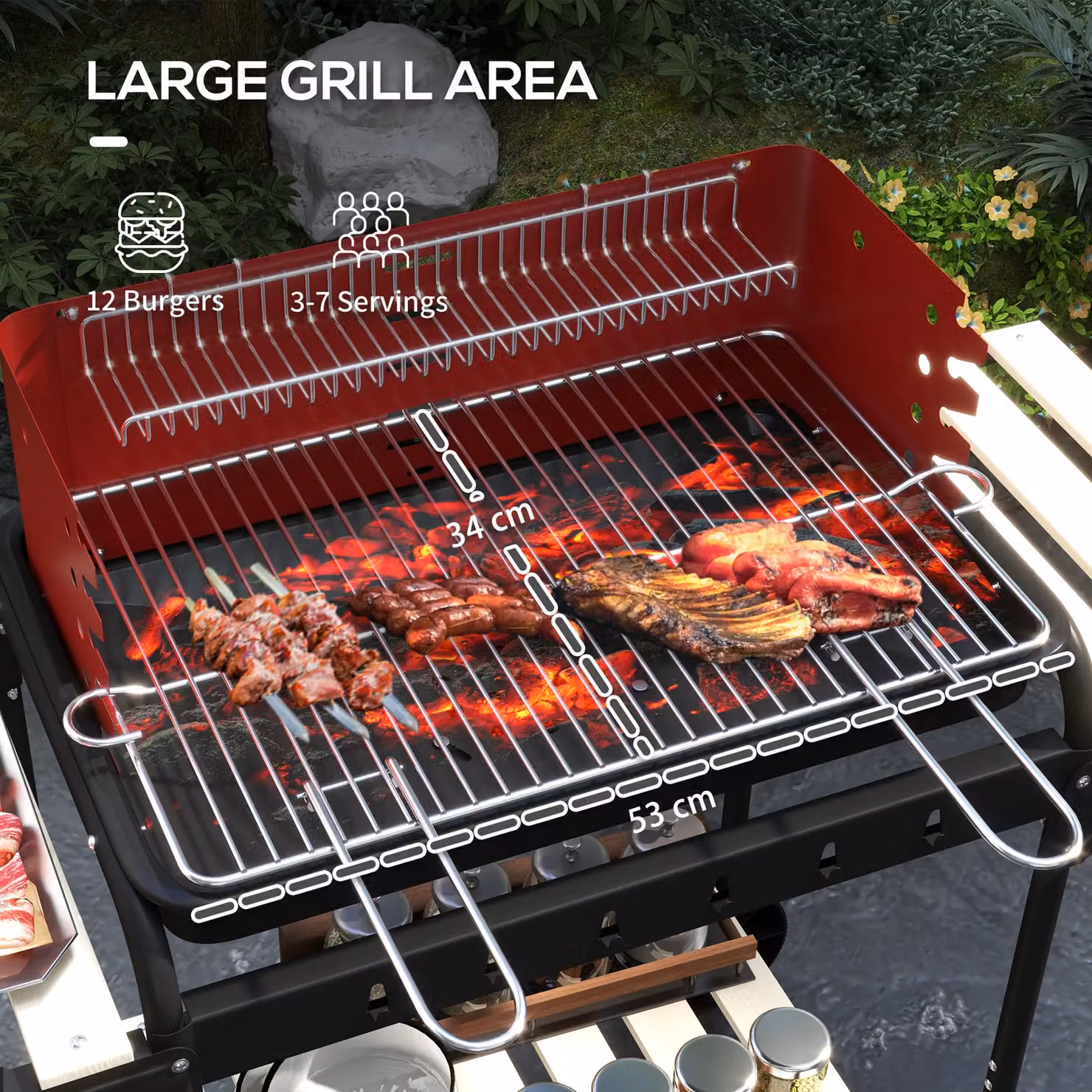 OUTSUNNY Charcoal Barbecue BBQ Grill Trolley with 5-level Grill Height and Ash Catcher in Red – 4